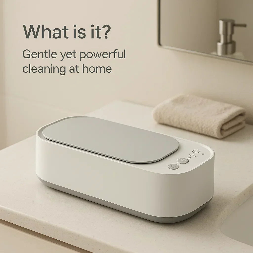 Skånsom ultralydsrens til smykker, briller, ure og proteser