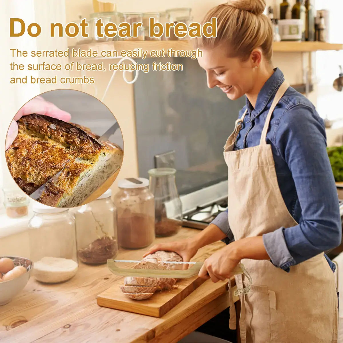 Kenyeres kés fa nyéllel és fogazott rozsdamentes acél pengével a könnyű szeletelésért