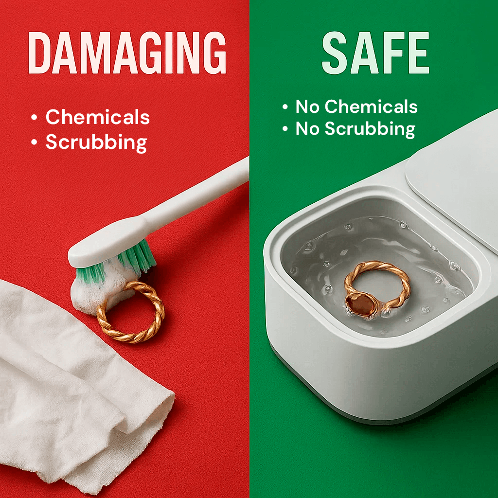 Skånsom ultralydsrens til smykker, briller, ure og proteser